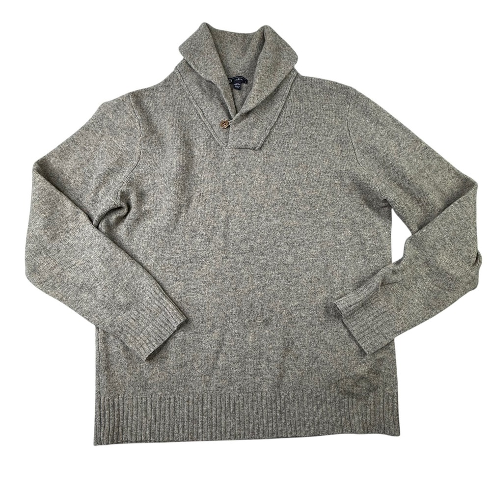 J Crew Mens Sweater Size Large Brown 1/4 Button Shawl Collar Pullover Lambs Wool
